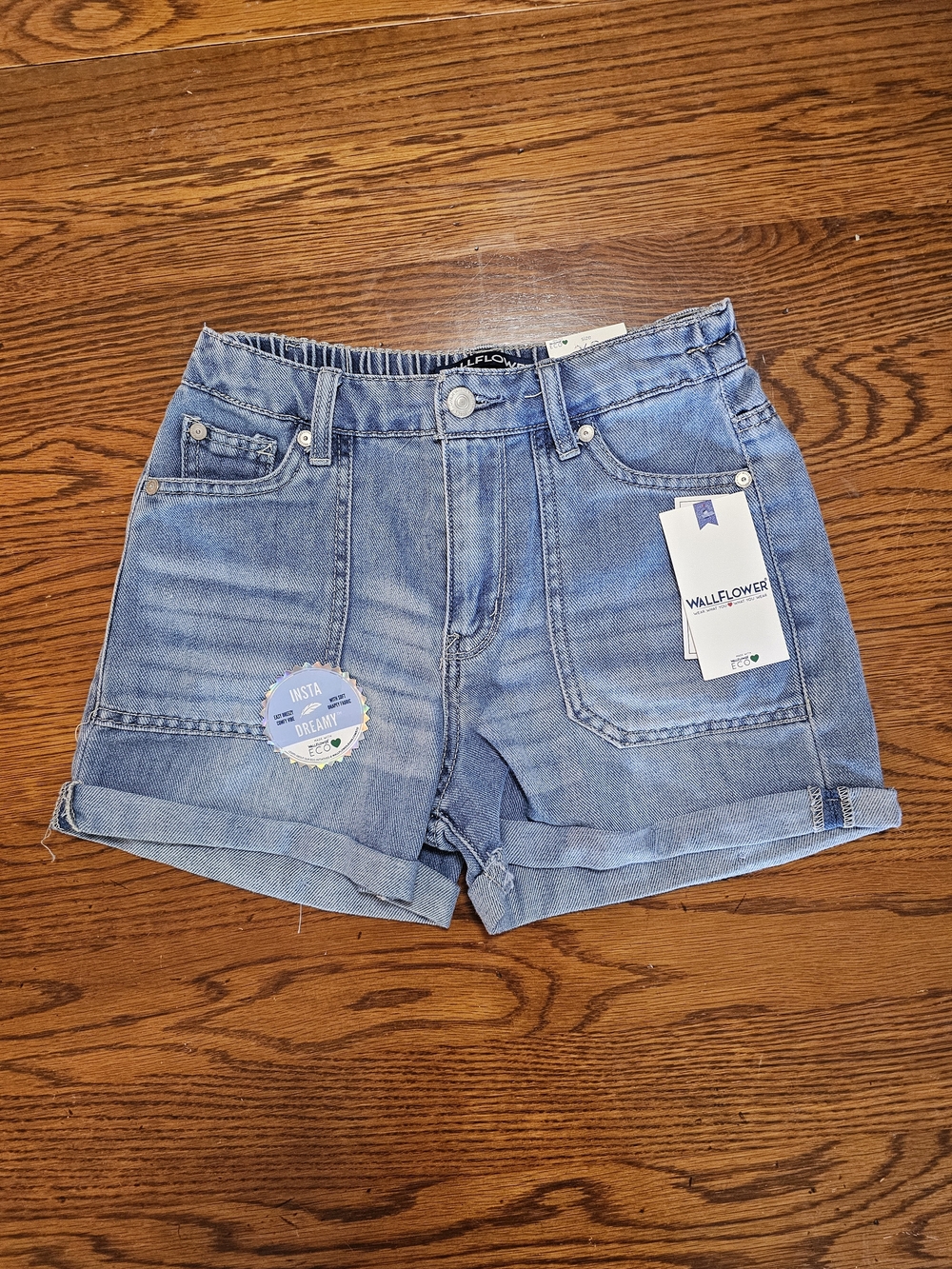 Wallflower Faded Light Blue Denim Roll-Cuff Shorts